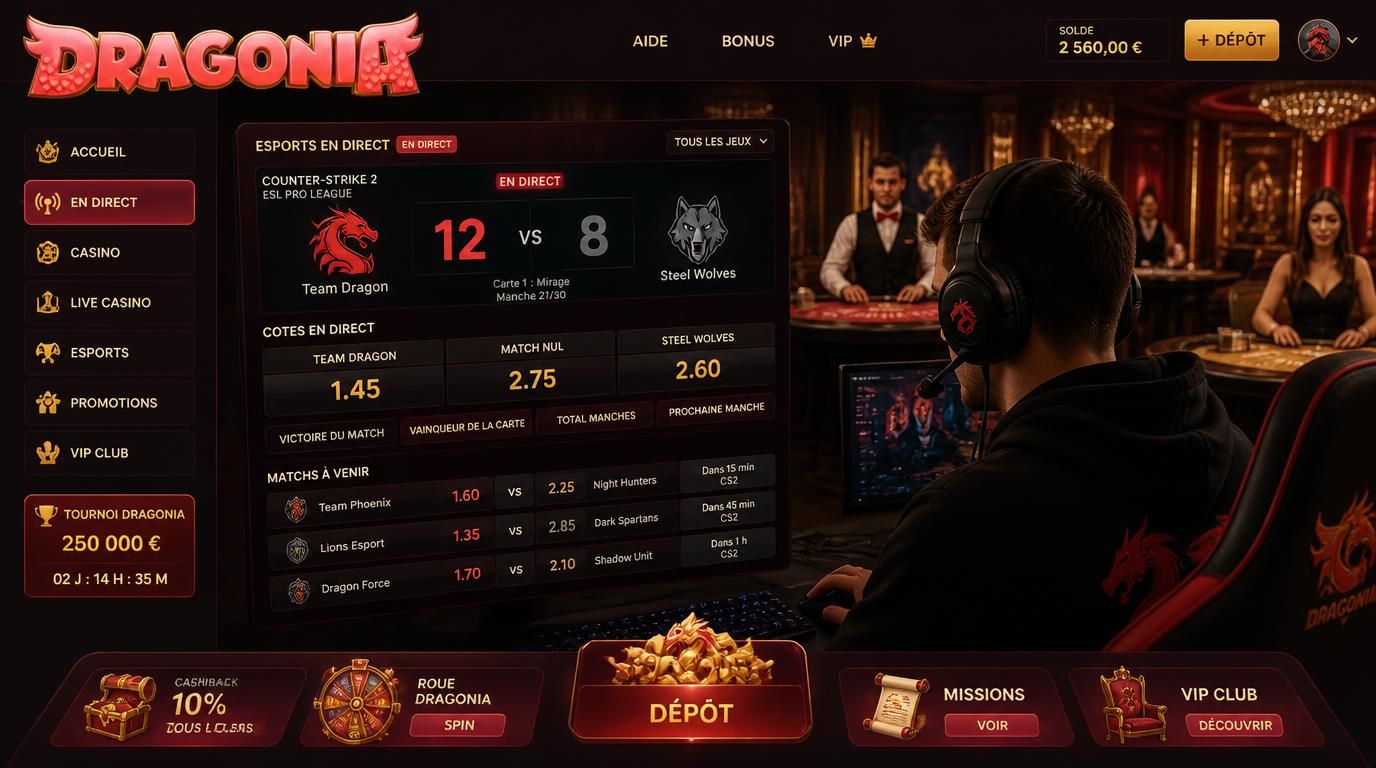 un joueur français devant un match esport en direct dans une ambiance de casino sophistiquée