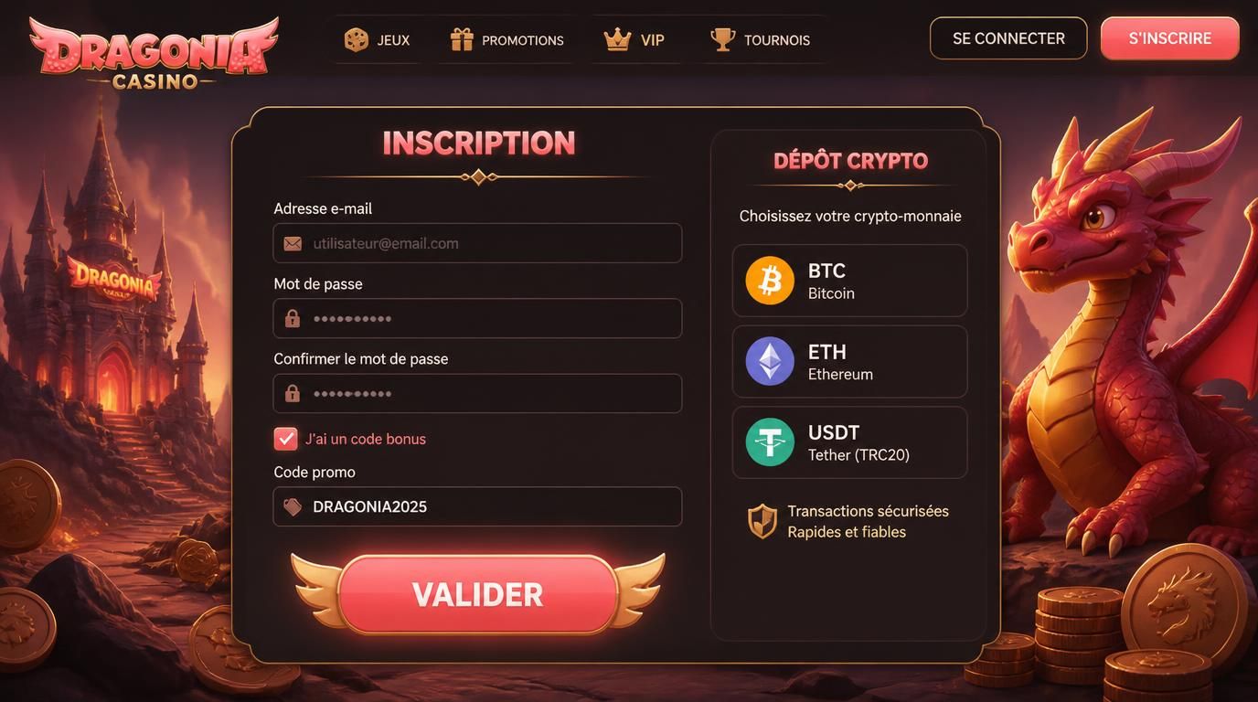 Un formulaire dâinscription montrant la saisie dâun code promo et les options de dĂ©pĂŽt crypto
